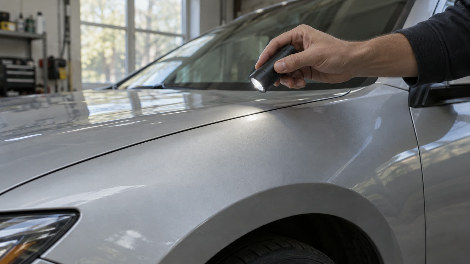 Mão segurando uma lanterna acima da pintura de um carro prata.