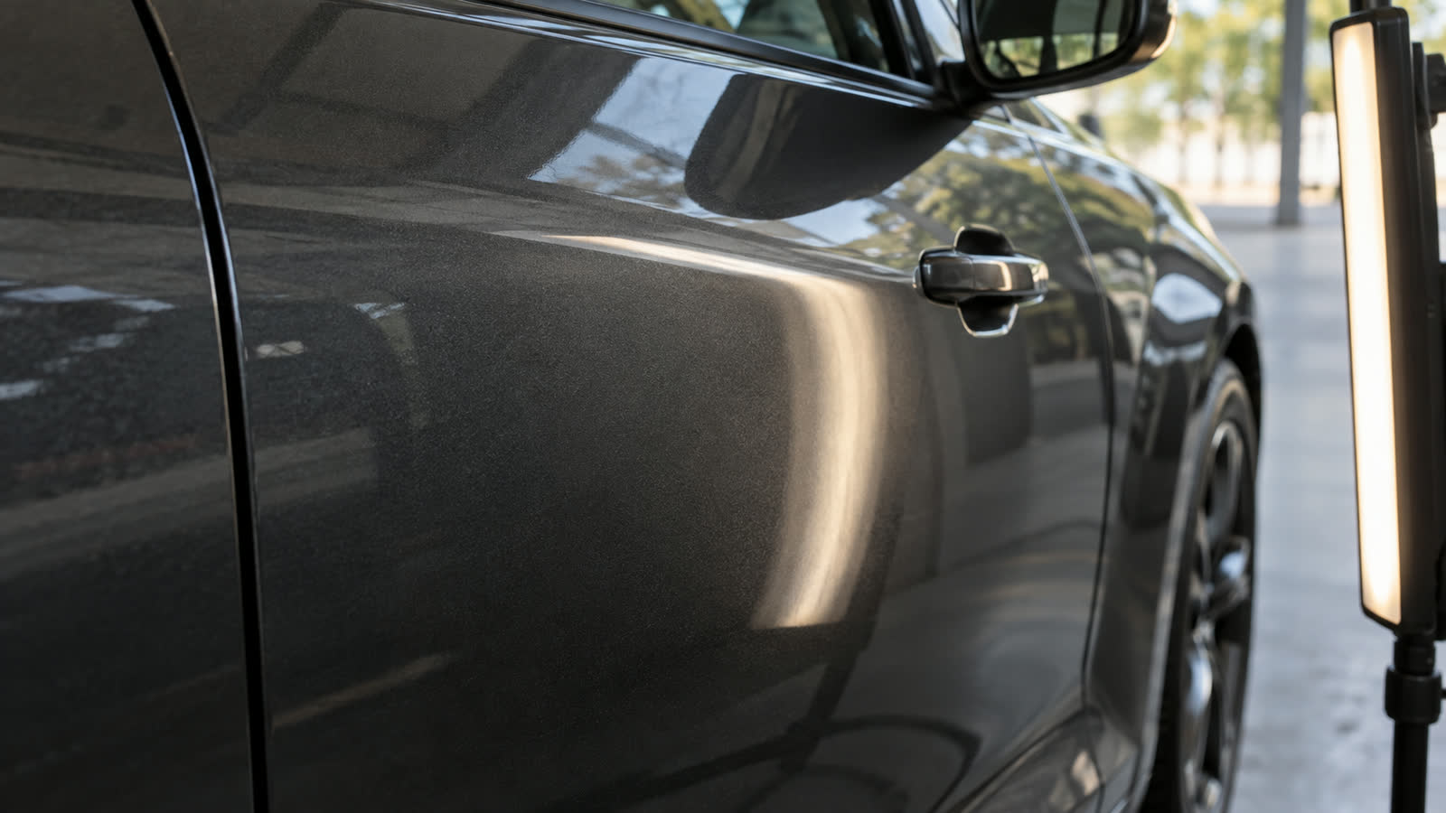 Luz de inspeção ao lado de uma porta automotiva escura.