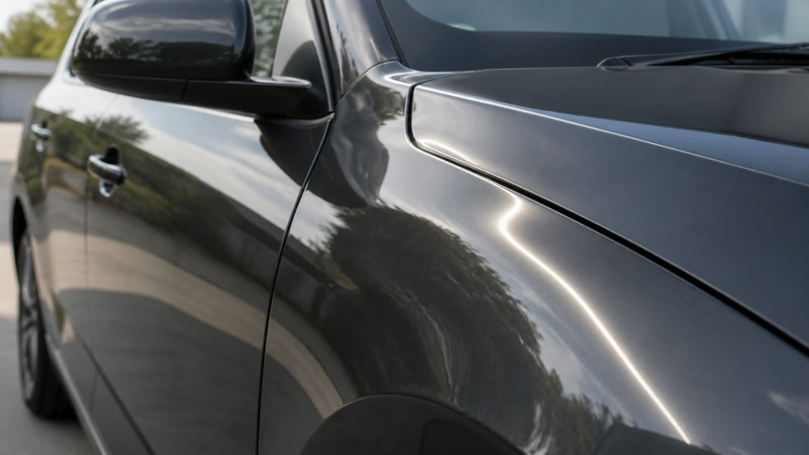 Reflexo de uma luz sobre a lateral de um carro escuro.