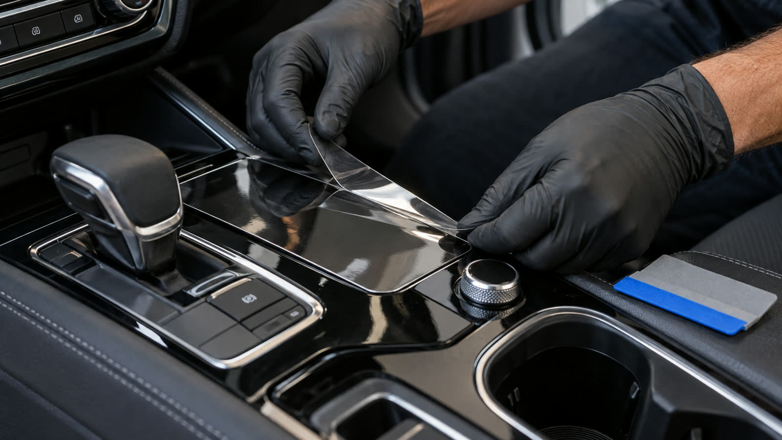 Profissional posiciona uma película transparente sobre o console do carro.