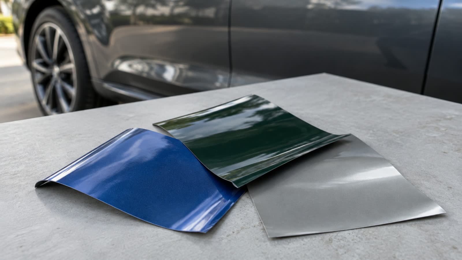 Amostras de películas azul, verde e cinza com acabamentos diferentes.