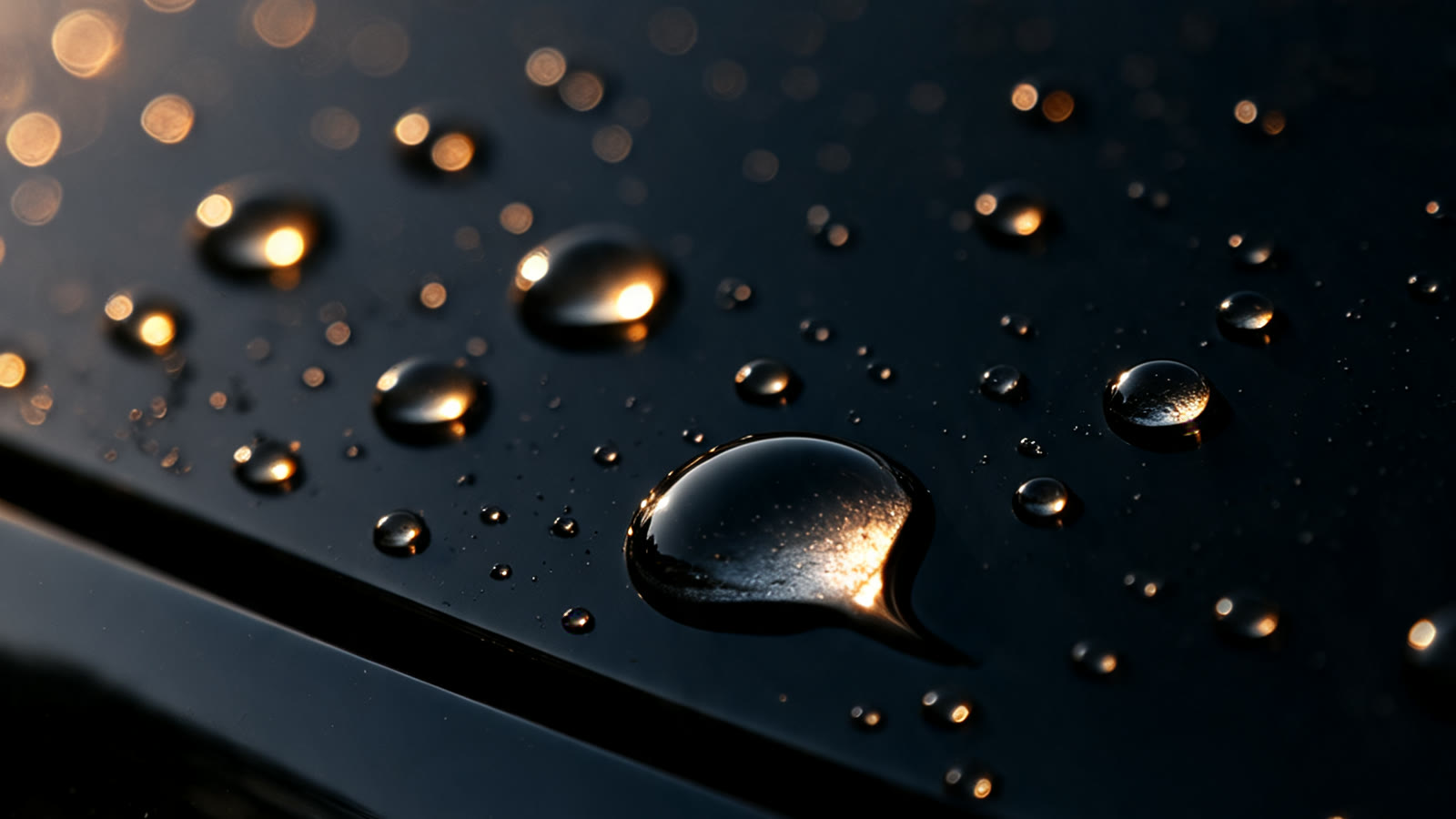 Gotas de água sobre a pintura escura, em bokeh, com a luz do fim do dia.