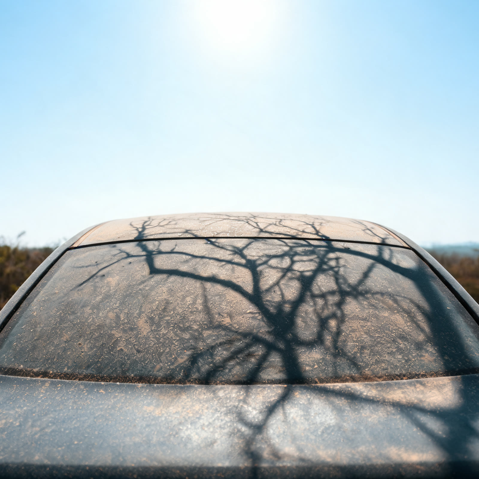 O reflexo de uma árvore no vidro traseiro.