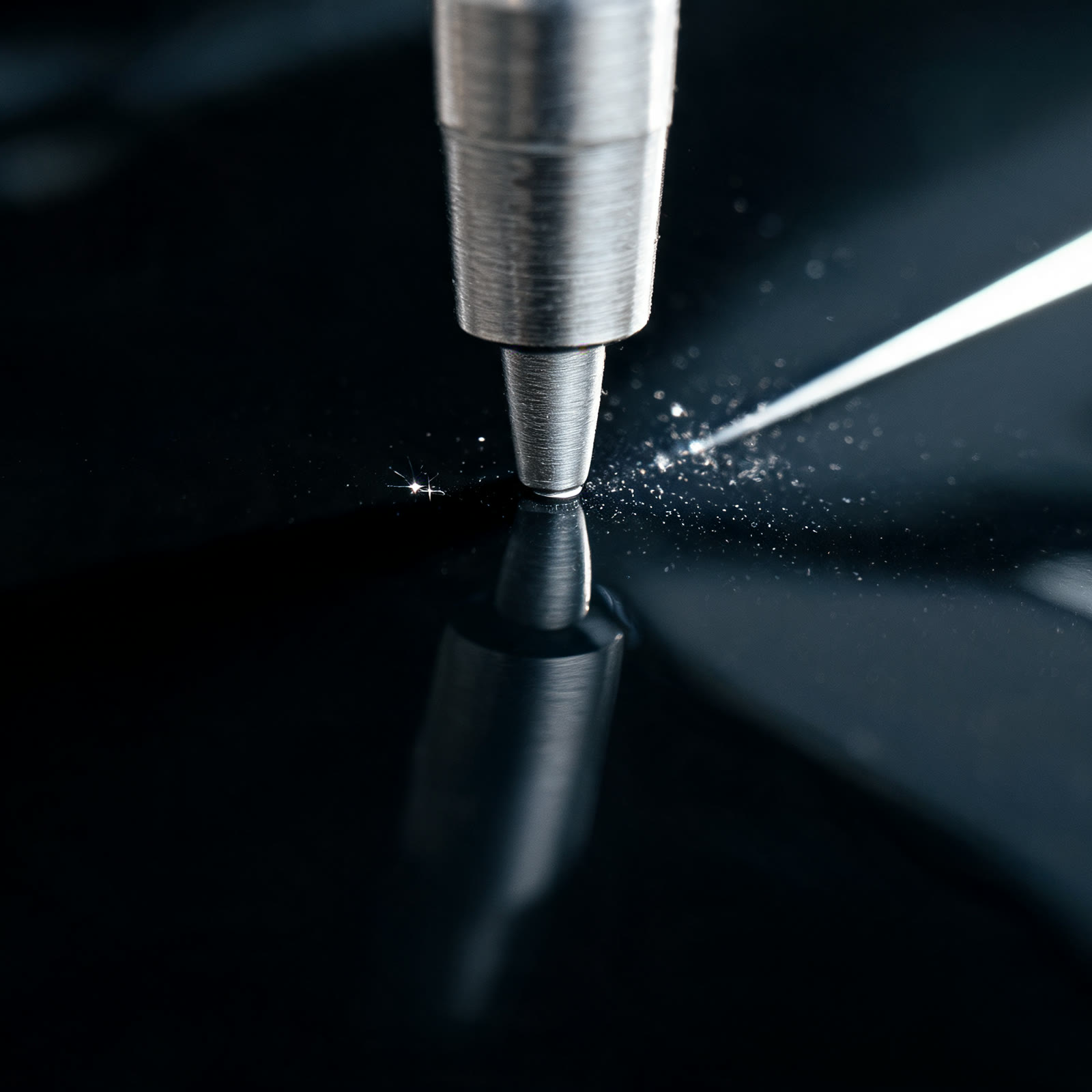 A sonda do medidor de espessura apoiada na pintura escura, com o reflexo da luz ao redor.