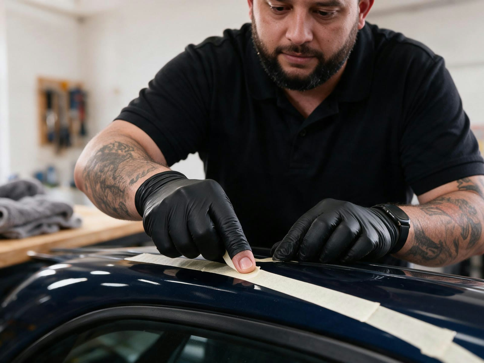 O curador aplicando fita de mascaramento sobre o teto do carro, delimitando uma área.