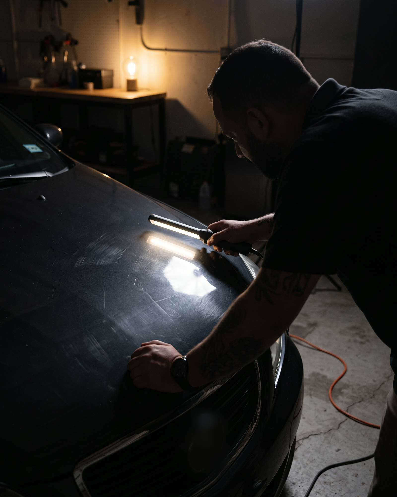 Alguém inclinado sobre o capô de um carro escuro, passando a barra de luz de inspeção rasante sobre a pintura.