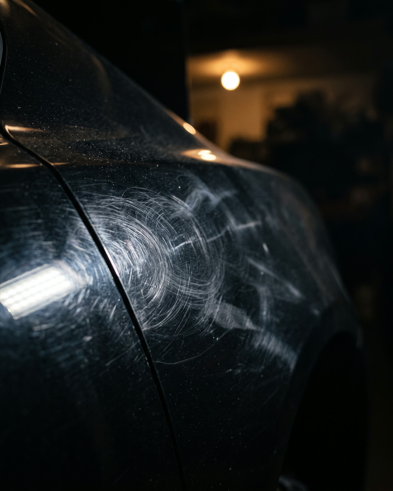 Lataria escura sob luz rasante, com teias circulares de polimento visíveis na pintura.
